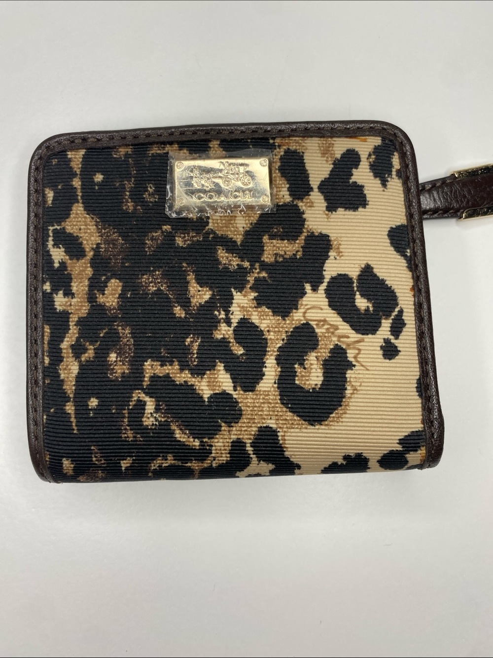 Coach Leopard Ocelot Print Compact Wallet Brown Leather Gold Y2K Animal Print